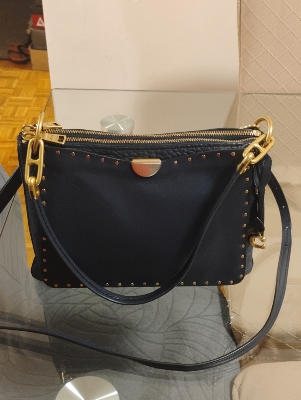 Coach Navy Blue Leather Shoulder Bag with Gold Studs